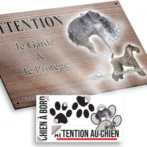 Plaque attention au chien Kerry Blue Terrier en portrait et en entier