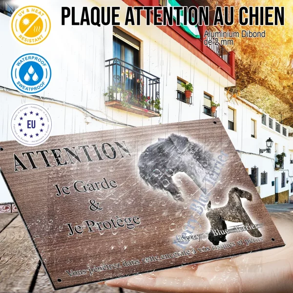 Panneau attention au chien Kerry Blue Terrier en portrait et en entier