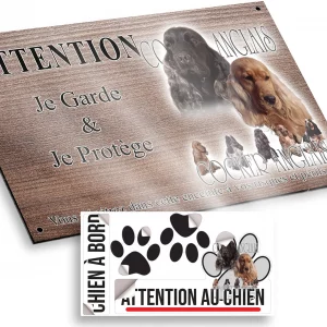 Plaque attention au chien Cocker Anglais Portraits de chiens aux fourrures variées