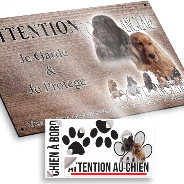 Plaque attention au chien Cocker Anglais Portraits de chiens aux fourrures variées