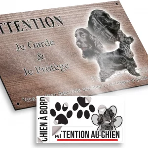 Plaque attention au chien Trois chiens English Cocker en noir sur fond dégradé