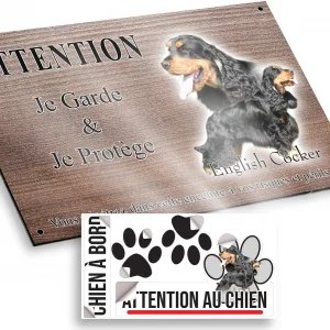 Plaque attention au chien Deux chiens English Cocker Spaniel sur fond photographique.