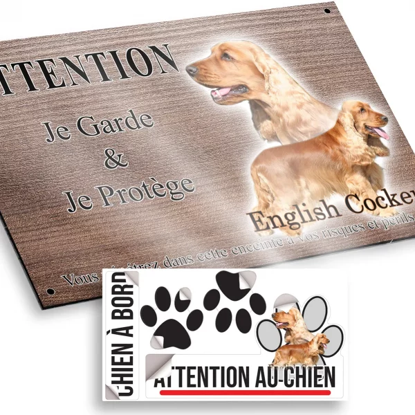 Plaque attention au chien Deux English Cockers avec un fond coloré