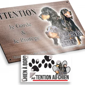 Plaque attention au chien Portraits de 3 Gordon Setter avec texte