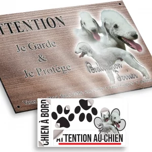 Plaque attention au chien Trois Bedlington Terriers sur fond transparent