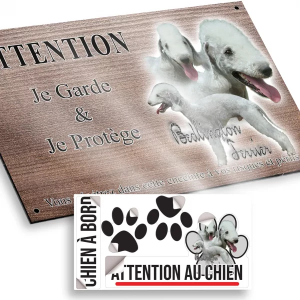 Plaque attention au chien Trois Bedlington Terriers sur fond transparent