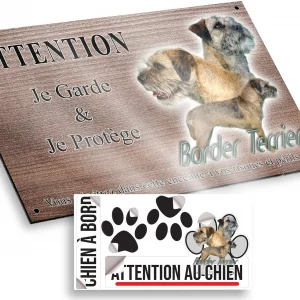 Plaque attention au chien Trois Border Terriers avec l'inscription Border Terrier