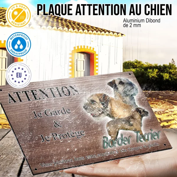 Panneau attention au chien Trois Border Terriers avec l'inscription Border Terrier