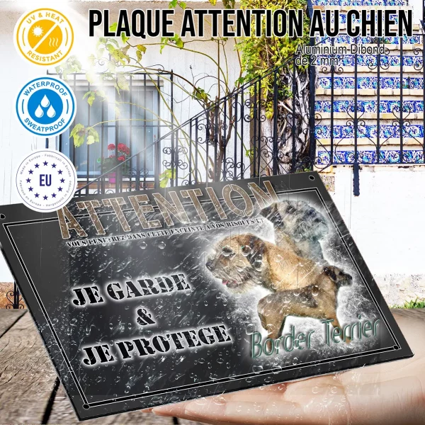 Panneau chien de garde Trois Border Terriers avec l'inscription Border Terrier