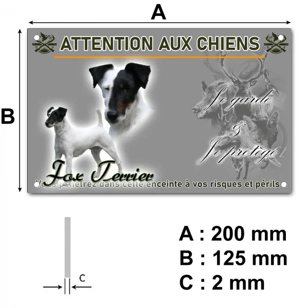 Panneau Deux Fox Terriers avec un fond jaune et du texte en dessous.