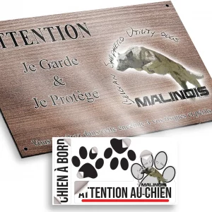 Plaque attention au chien Belgian Malinois dog jumping over flowers