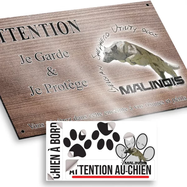 Plaque attention au chien Belgian Malinois dog jumping over flowers