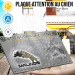 Plaque attention au chien Malinois De Mondioring, fond chasse, en situation