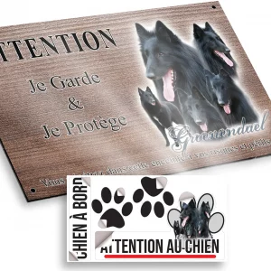 Plaque attention au chien Collage de chiens Groenendael au pelage noir