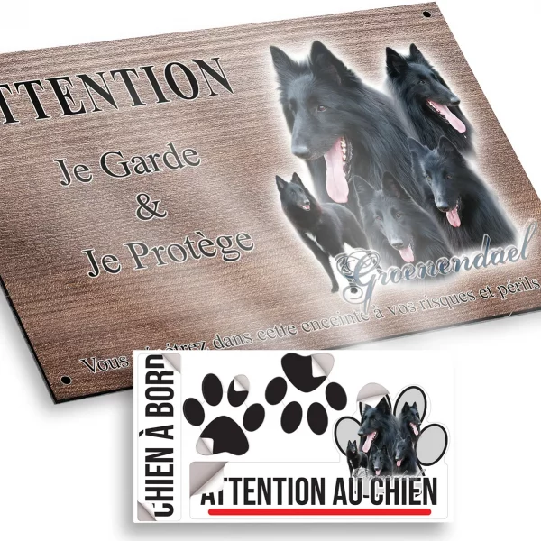 Plaque attention au chien Collage de chiens Groenendael au pelage noir