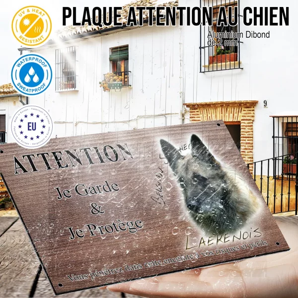 Panneau attention au chien Portrait d'un chien Laekenois avec un pelage riche