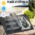 Plaque attention au chien Berger Belge Laekenois, fond gris anthracite, en situation