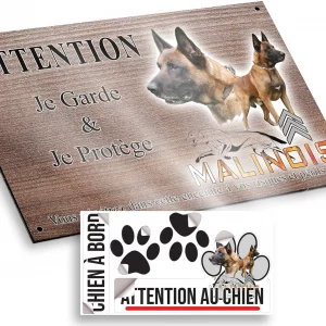 Plaque attention au chien Chien Malinois en gros plan et en entier