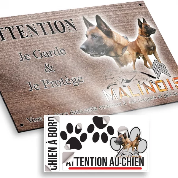 Plaque attention au chien Chien Malinois en gros plan et en entier