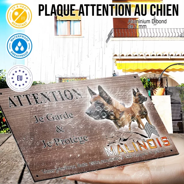 Panneau attention au chien Chien Malinois en gros plan et en entier