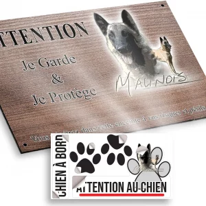 Plaque attention au chien Illustration de deux chiens Malinois sur fond coloré