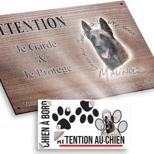 Plaque attention au chien Malinois belge avec un fond coloré et du texte