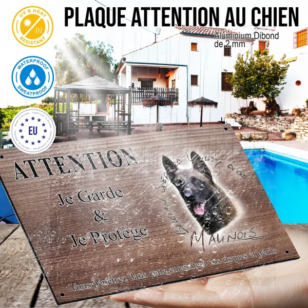 Panneau attention au chien Malinois belge avec un fond coloré et du texte