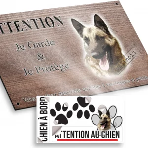 Plaque attention au chien Portrait d'un chien Malinois avec le texte 'Malinois'