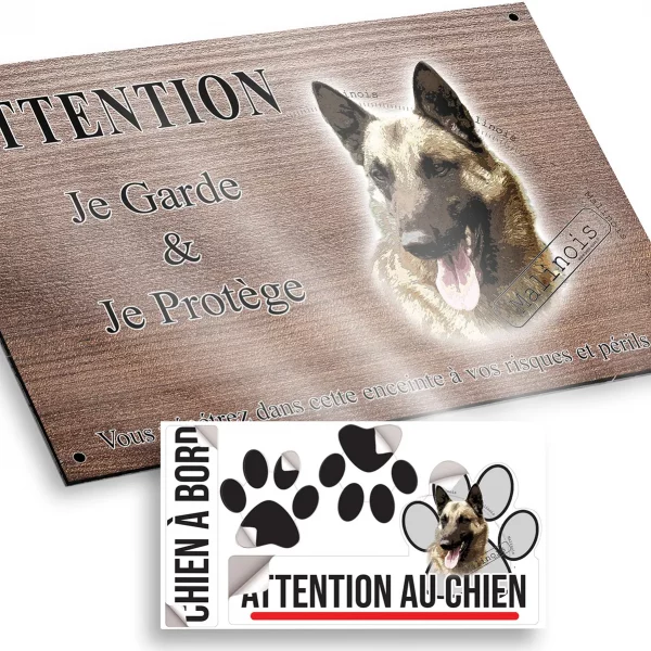 Plaque attention au chien Portrait d'un chien Malinois avec le texte 'Malinois'