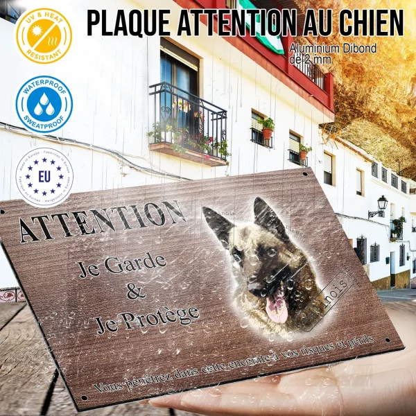 Panneau attention au chien Portrait d'un chien Malinois avec le texte 'Malinois'