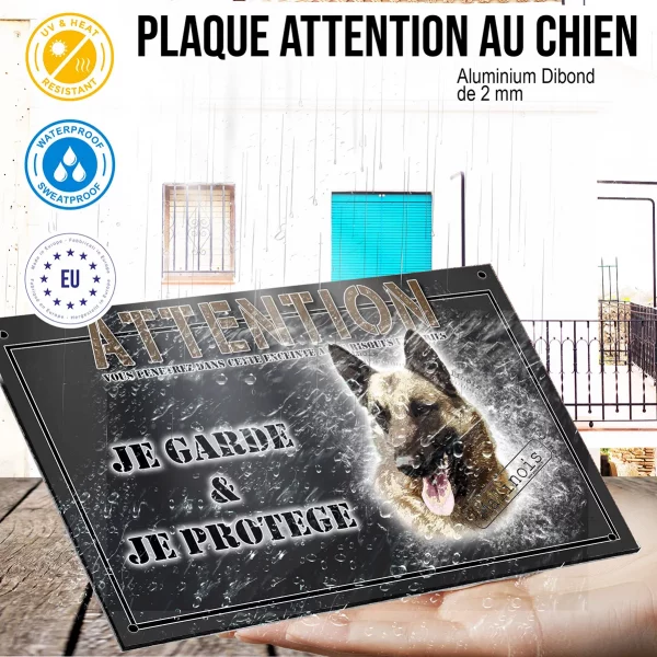 Panneau chien de garde Portrait d'un chien Malinois avec le texte 'Malinois'