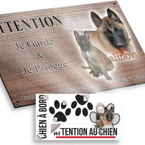 Plaque attention au chien Un chiot et un chien adulte Malinois