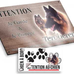 Plaque attention au chien Chien Tervuren en gros plan et entier dans le fond