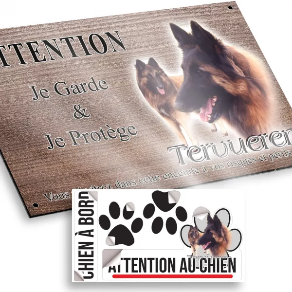 Plaque attention au chien Chien Tervuren en gros plan et entier dans le fond