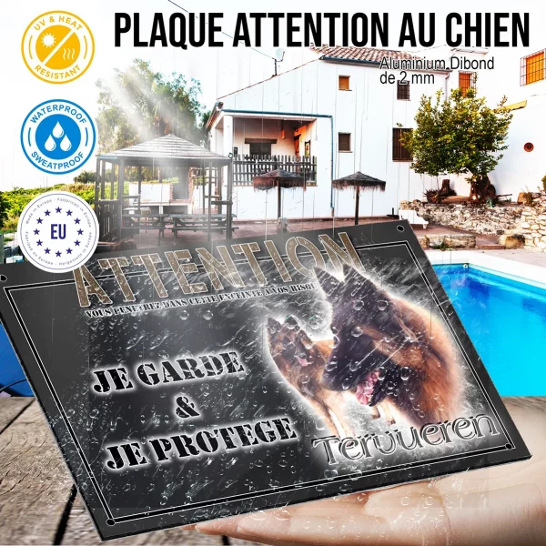 Panneau chien de garde Chien Tervuren en gros plan et entier dans le fond