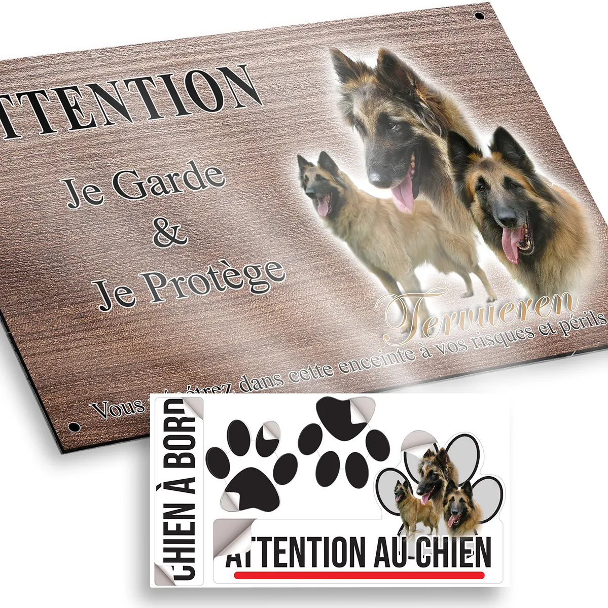 Plaque attention au chien Trois chiens Tervuren avec sourires