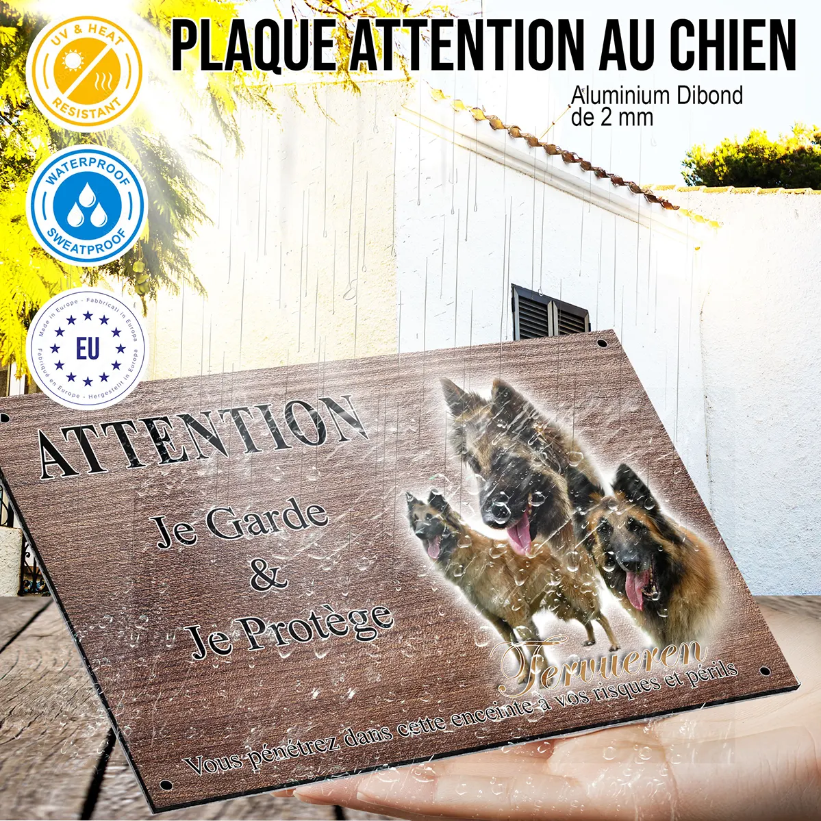 Panneau attention au chien Trois chiens Tervuren avec sourires