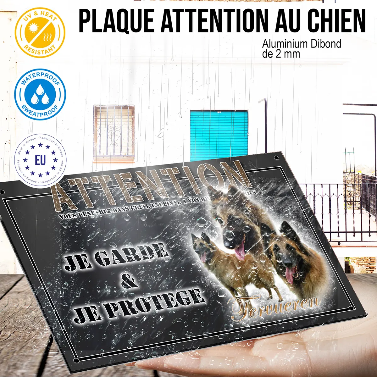 Panneau chien de garde Trois chiens Tervuren avec sourires