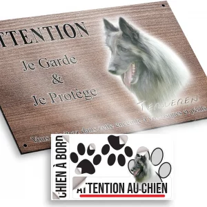 Plaque attention au chien Tête d'un Tervuren avec un pelage gris et noir