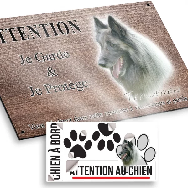 Plaque attention au chien Tête d'un Tervuren avec un pelage gris et noir