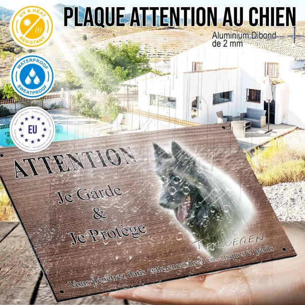 Panneau attention au chien Tête d'un Tervuren avec un pelage gris et noir