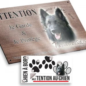 Plaque attention au chien Tête d'un Tervuren avec un grand sourire