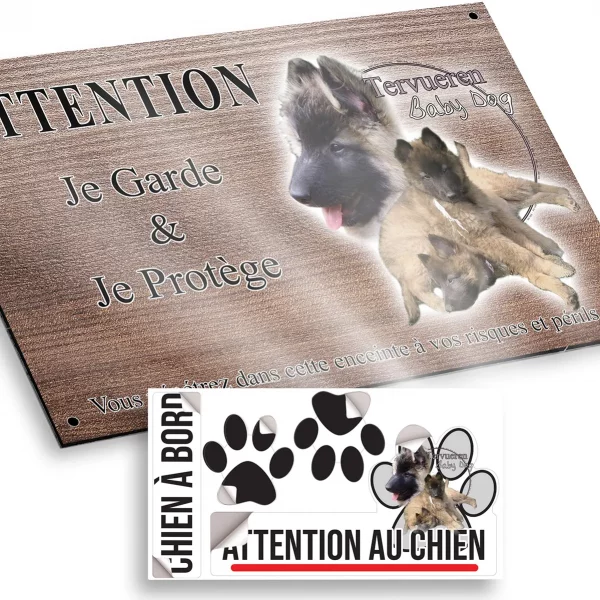Plaque attention au chien Chiots Tervuren adorables avec des pelages bruns et noirs