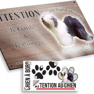 Plaque attention au chien Image d'un Old English Sheepdog avec écriture