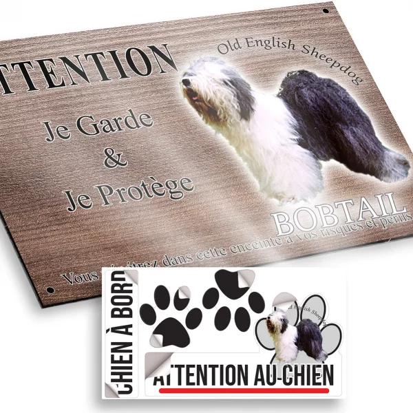 Plaque attention au chien Image d'un Old English Sheepdog avec écriture
