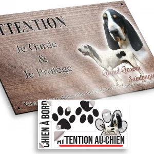 Plaque attention au chien Deux grands Gascons Saintongeois: un en gros plan et un entier