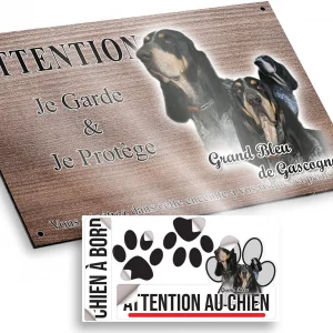Plaque attention au chien Trois chiens Grand Bleu de Gascogne en portrait