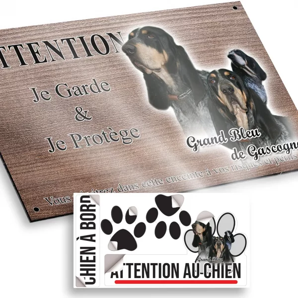 Plaque attention au chien Trois chiens Grand Bleu de Gascogne en portrait