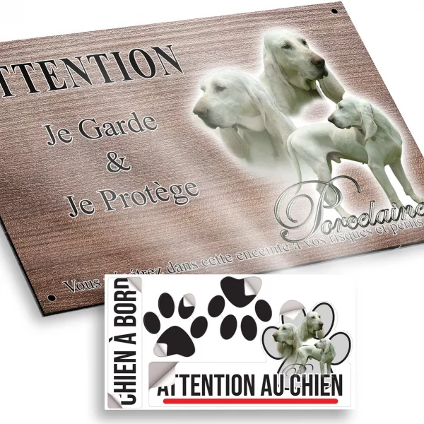 Plaque attention au chien Chiens de race Porcelaine avec diverses poses et expressions
