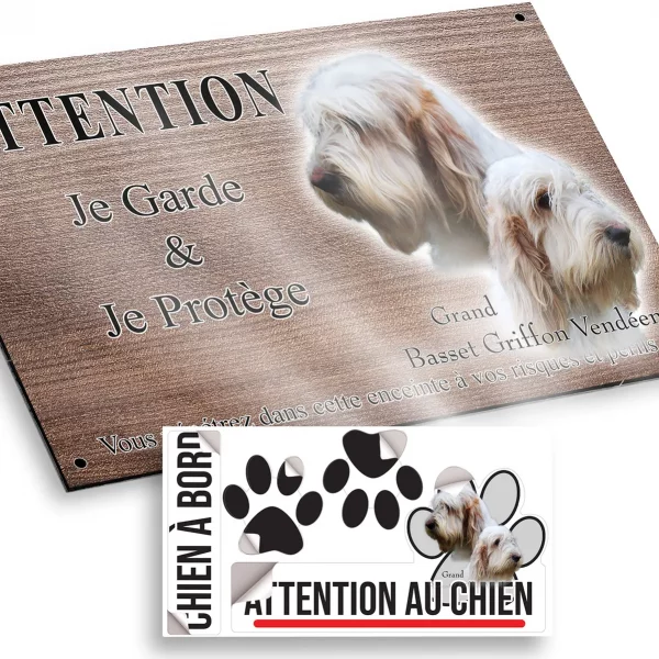 Plaque attention au chien Deux chiens Grand Basset Griffon Vendéen en profil